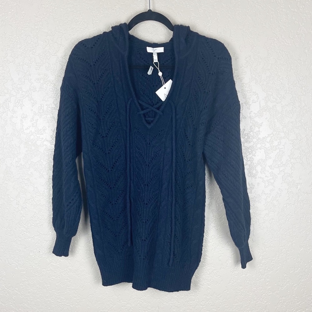 Joie navy blue wool cashmere blend cable knit lace up hoodie
